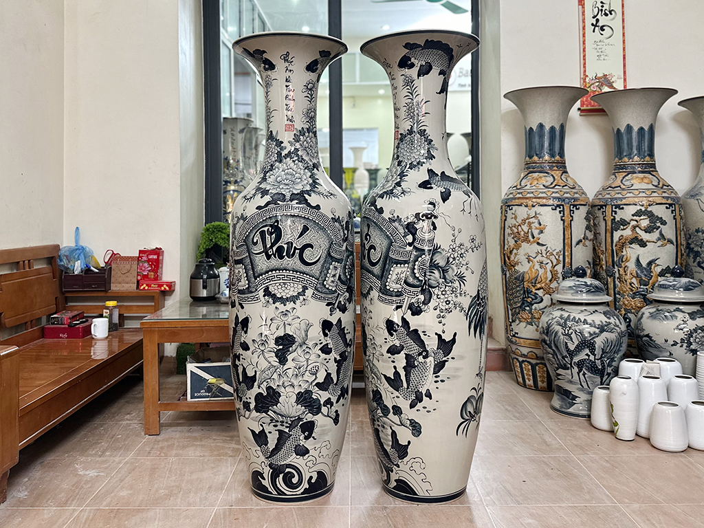 Lọ lộc bình Bát Tràng men chàm cổ Phúc Đức 1m6 2