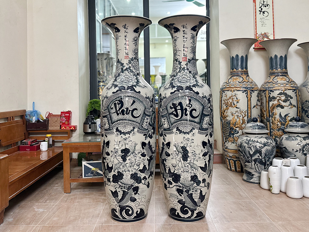 Lọ lộc bình Bát Tràng men chàm cổ Phúc Đức 1m6 1