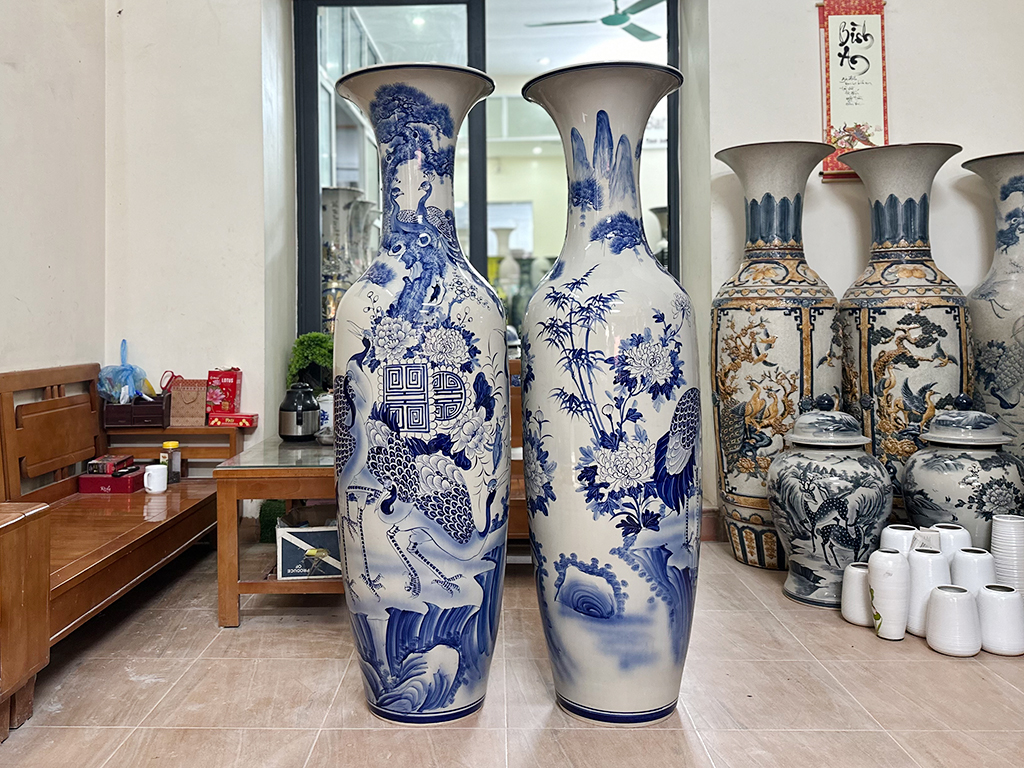 Lọ lộc bình Bát Tràng men lam Tùng Hạc Ngũ Phúc 1m6 2