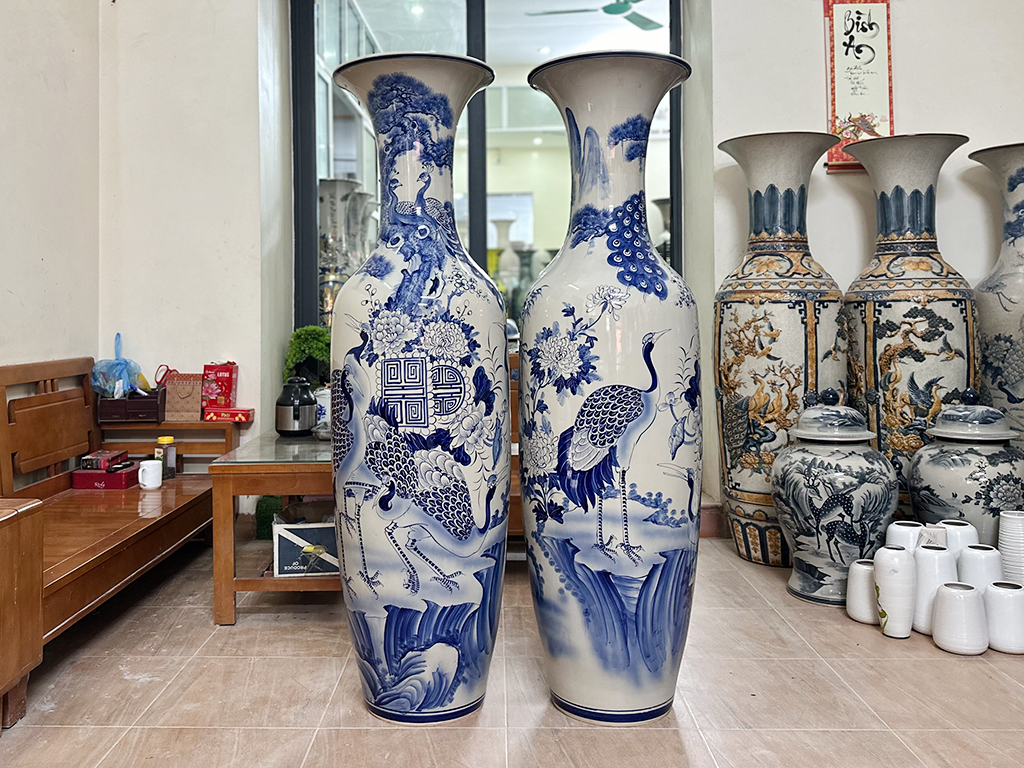 Lọ lộc bình Bát Tràng men lam Tùng Hạc Ngũ Phúc 1m6 3