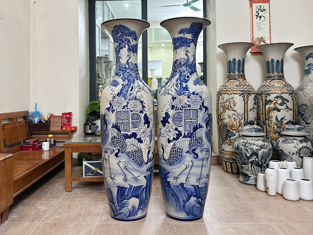 Lọ lộc bình Bát Tràng men lam Tùng Hạc Ngũ Phúc 1m6 1