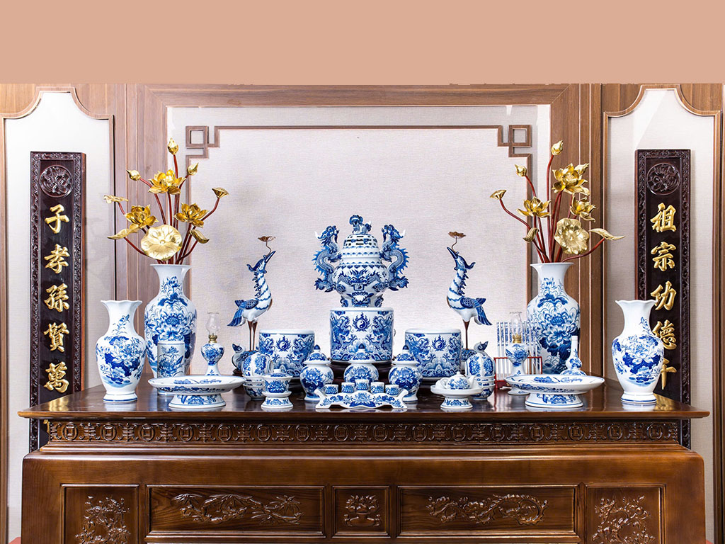 Bộ đồ thờ Bát Tràng men lam Trường An ban thờ 2m17 có đỉnh hạc 1