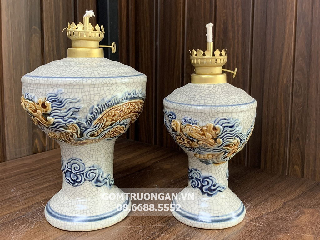 Đèn dầu thờ men rạn nổi rồng cao cấp Trường Xuân S2 2