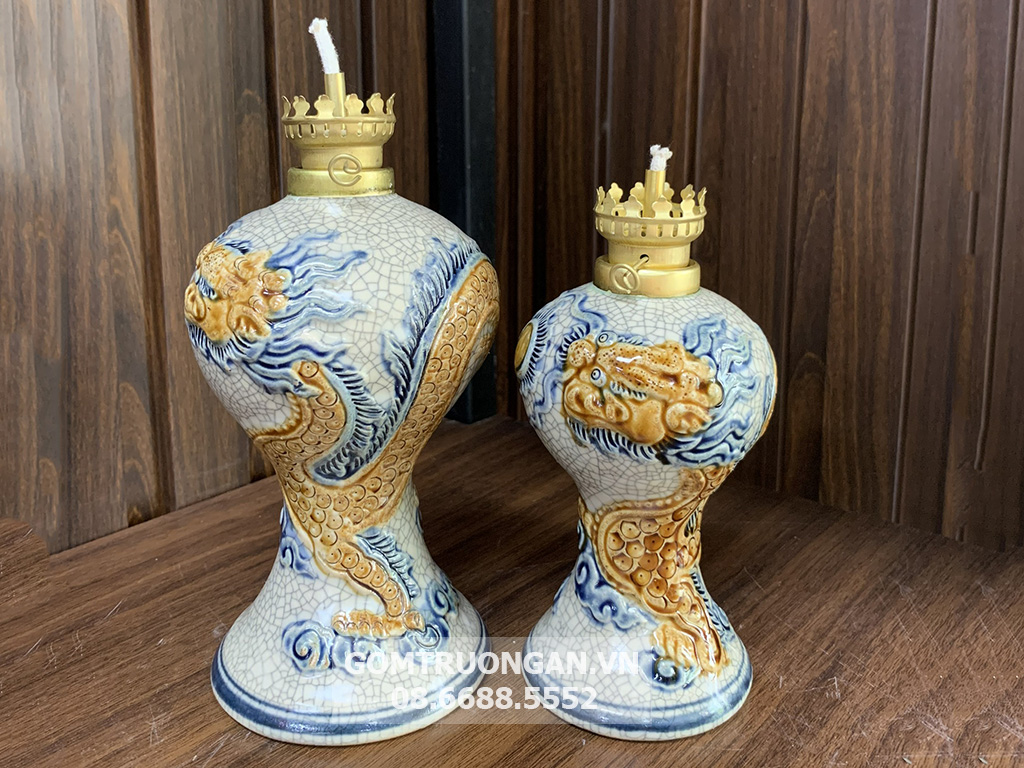 Đèn dầu thờ tròn men rạn nổi rồng cao cấp Trường Xuân S2 2
