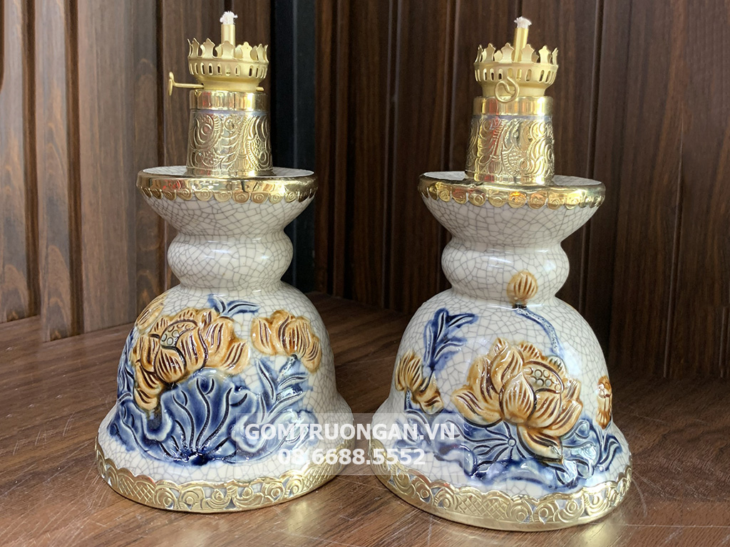 Đèn dầu thờ nến bọc đồng men rạn nổi hoa sen cao cấp Trường Xuân S2 2