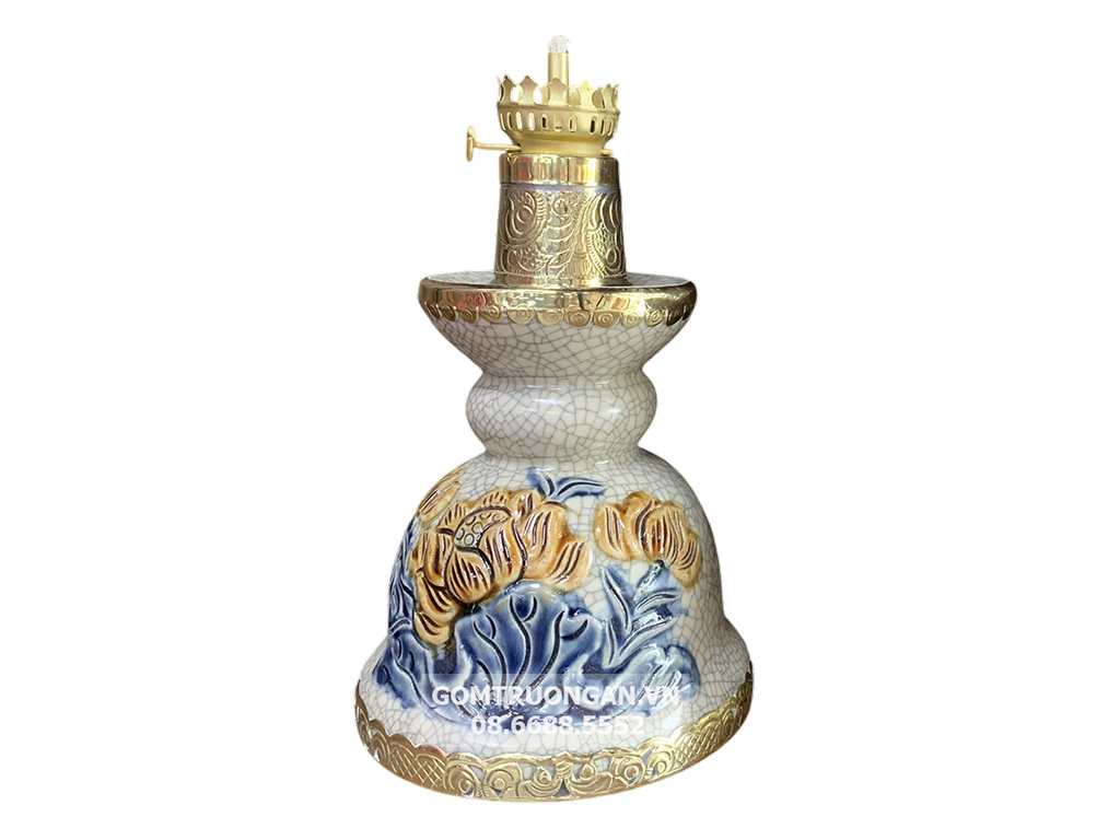 Đèn dầu thờ nến bọc đồng men rạn nổi hoa sen cao cấp Trường Xuân S1 1