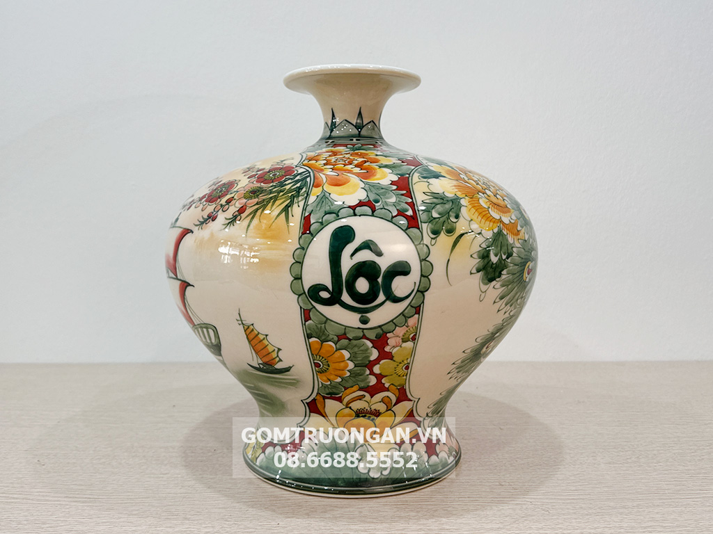 Bình hút tài lộc Thuận Buồm Xuôi Gió Phú Quý men hoàng thổ đùi dế 3