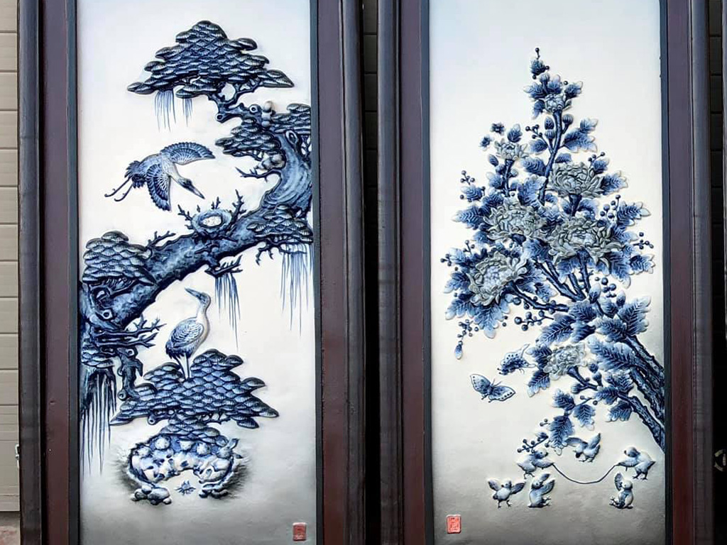 Tranh tứ quý men lam tràm nổi S2 dáng ngang 90x43cm 2