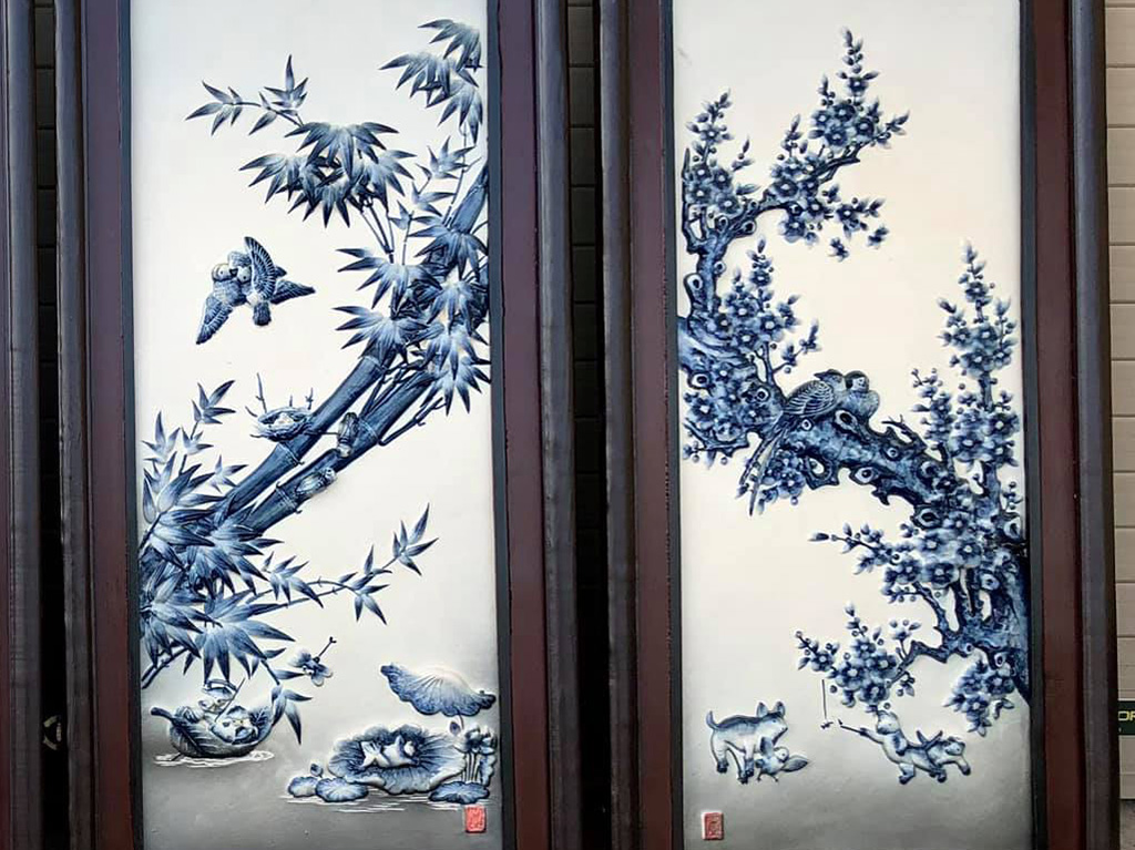 Tranh tứ quý men lam tràm nổi S2 dáng ngang 90x43cm 3