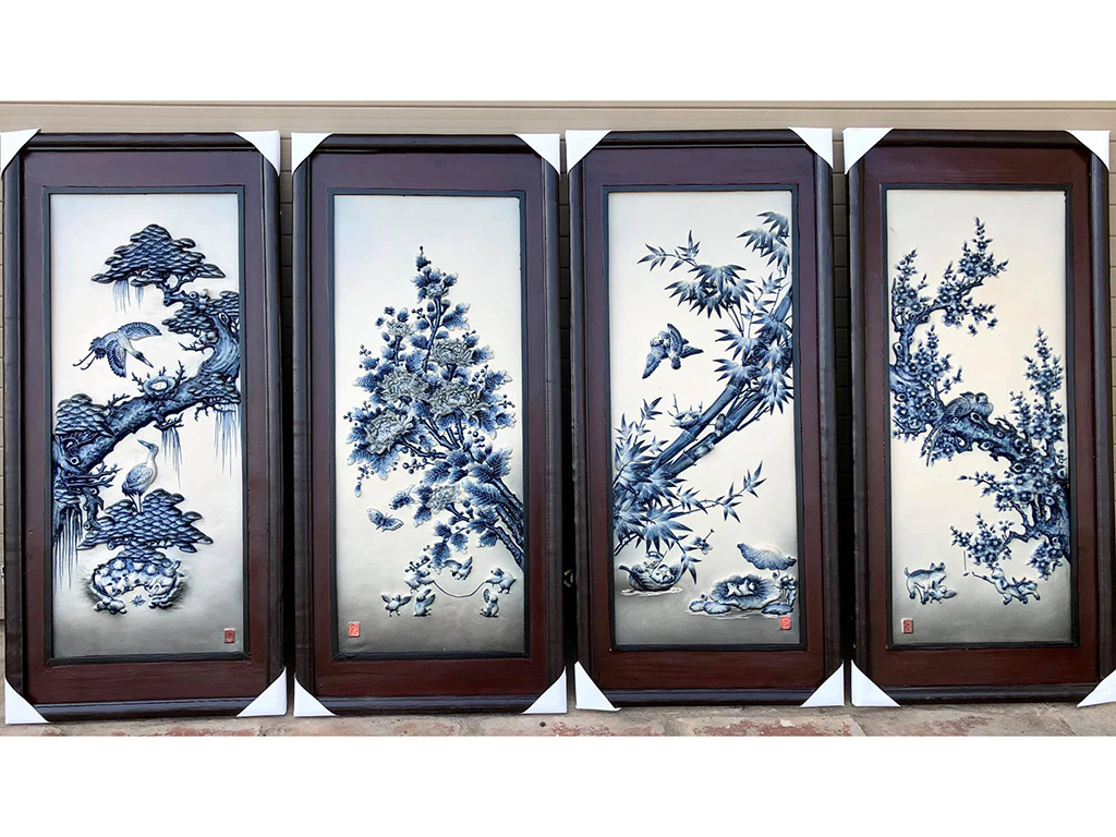 Tranh tứ quý men lam tràm nổi S2 dáng ngang 90x43cm 1