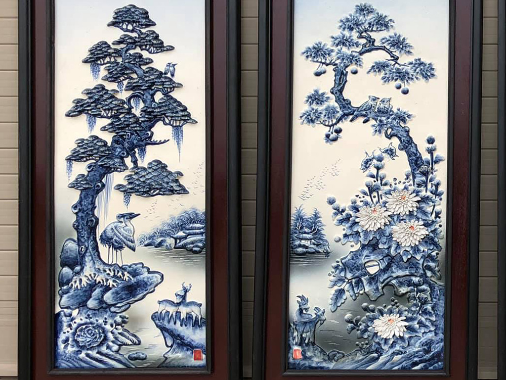 Tranh tứ quý men lam tràm nổi S2 dáng đứng 90x43cm 2