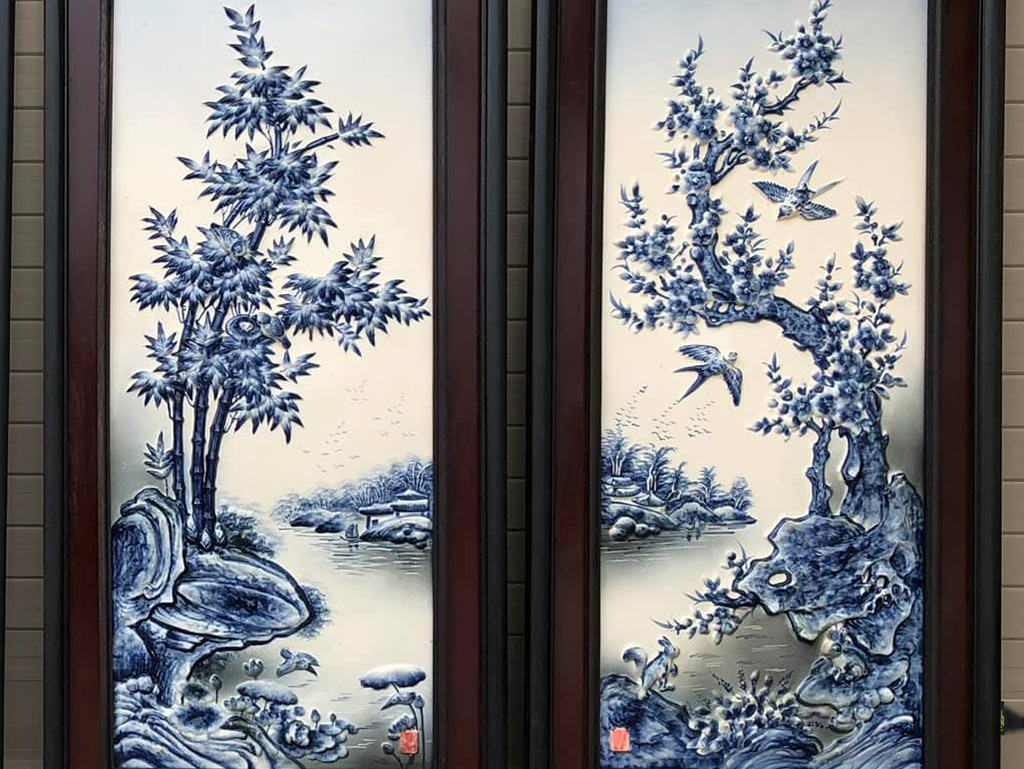 Tranh tứ quý men lam tràm nổi S2 dáng đứng 90x43cm 3