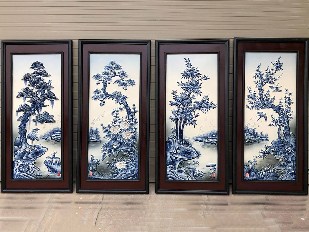 Tranh tứ quý men lam tràm nổi S2 dáng đứng 90x43cm 1