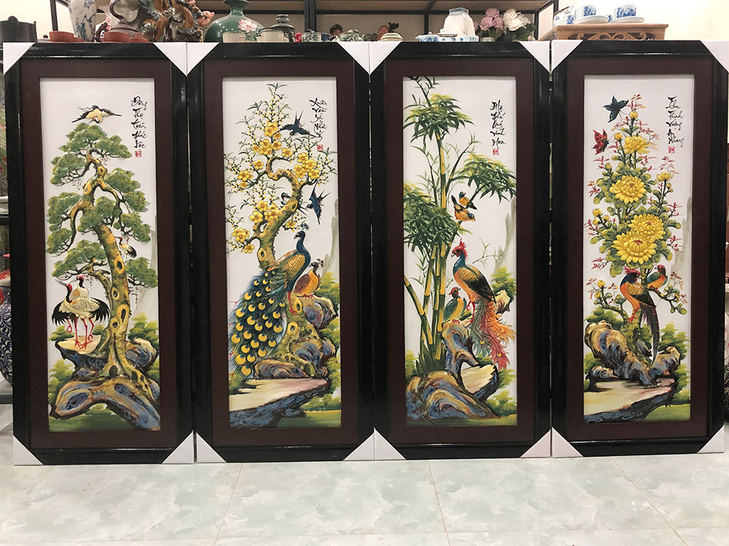 Tranh tứ quý men màu đắp nổi Bát Tràng Tùng Cúc Trúc Mai 112x45cm 2