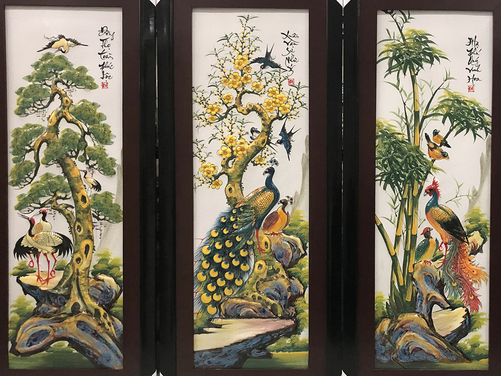 Tranh tứ quý men màu đắp nổi Bát Tràng Tùng Cúc Trúc Mai 112x45cm 3