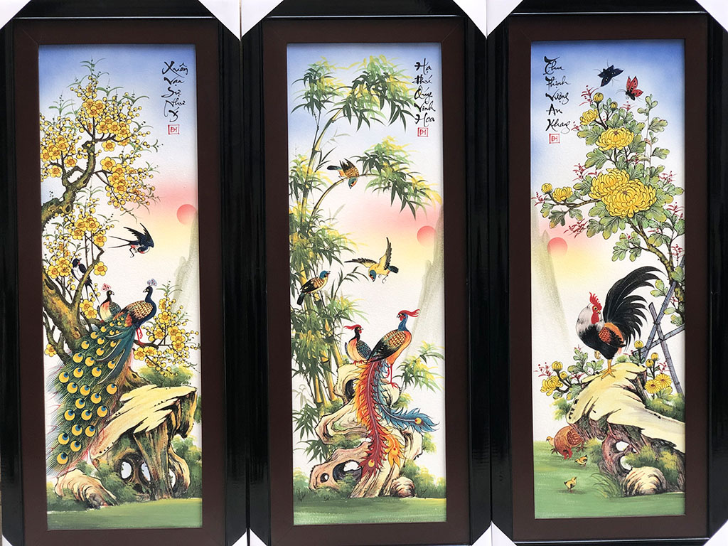 Tranh tứ quý Bát Tràng men màu trơn Tùng Cúc Trúc Mai vẽ kỹ 115x50cm 2