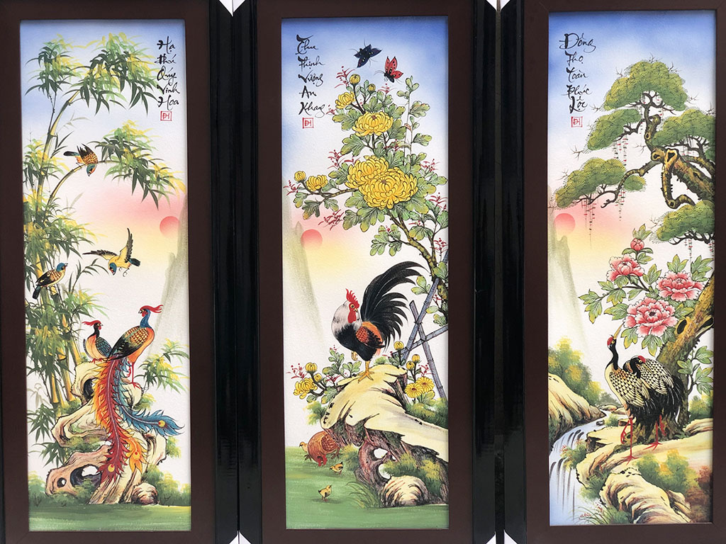 Tranh tứ quý Bát Tràng men màu trơn Tùng Cúc Trúc Mai vẽ kỹ 115x50cm 3