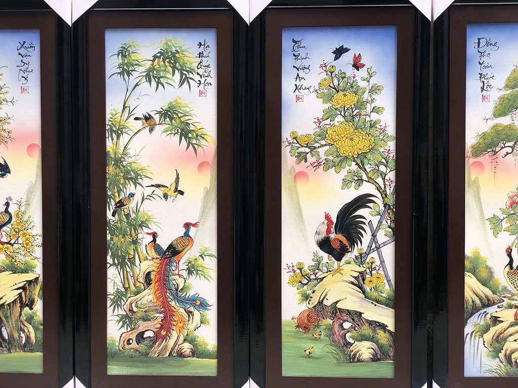 Tranh tứ quý Bát Tràng men màu trơn Tùng Cúc Trúc Mai vẽ kỹ 115x50cm 4