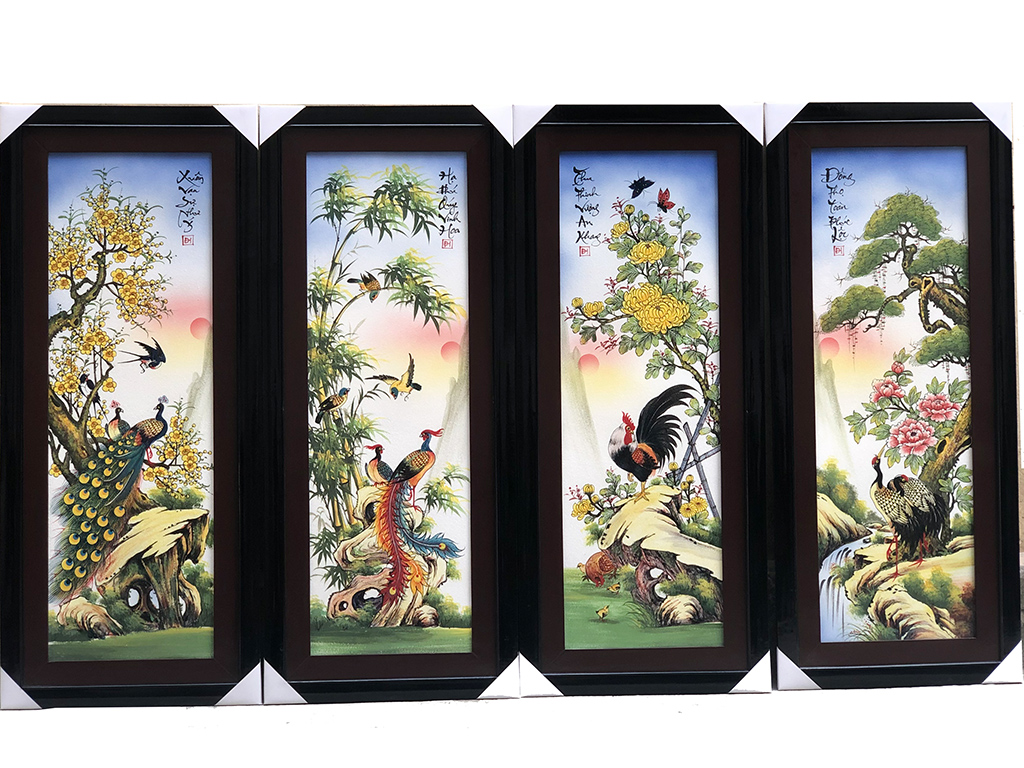 Tranh tứ quý Bát Tràng men màu trơn Tùng Cúc Trúc Mai vẽ kỹ 115x50cm 1