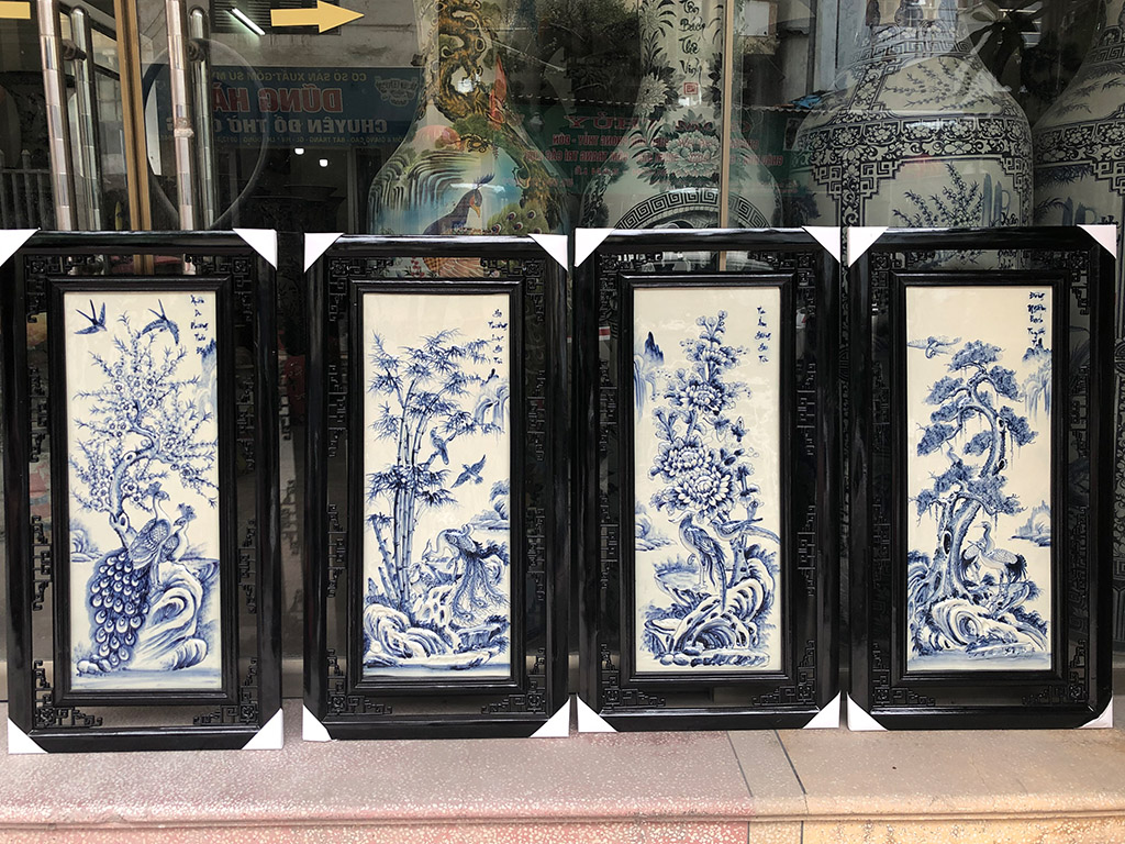 Tranh tứ quý men lam Tùng Cúc Trúc Mai 98x48cm 2