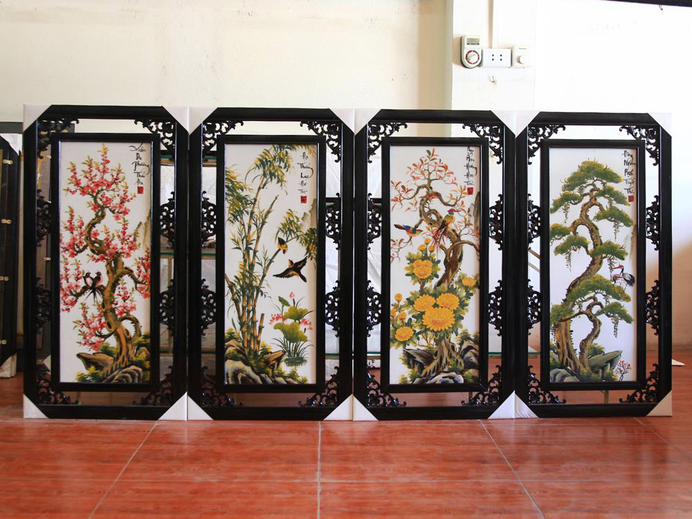 Tranh Tứ Quý vẽ cảnh Tùng Cúc Trúc Đào 100x50cm 2