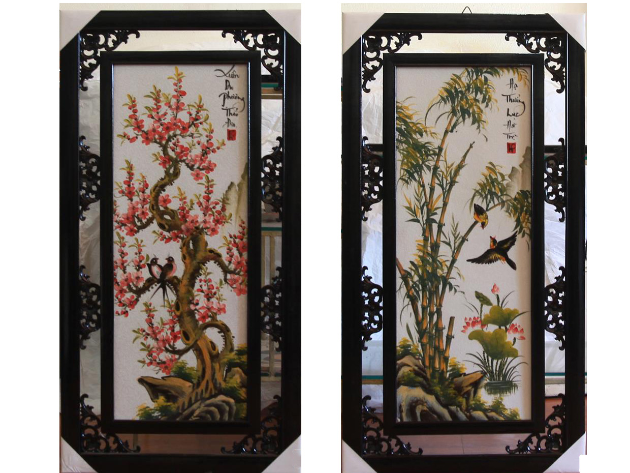 Tranh Tứ Quý vẽ cảnh Tùng Cúc Trúc Đào 100x50cm 4