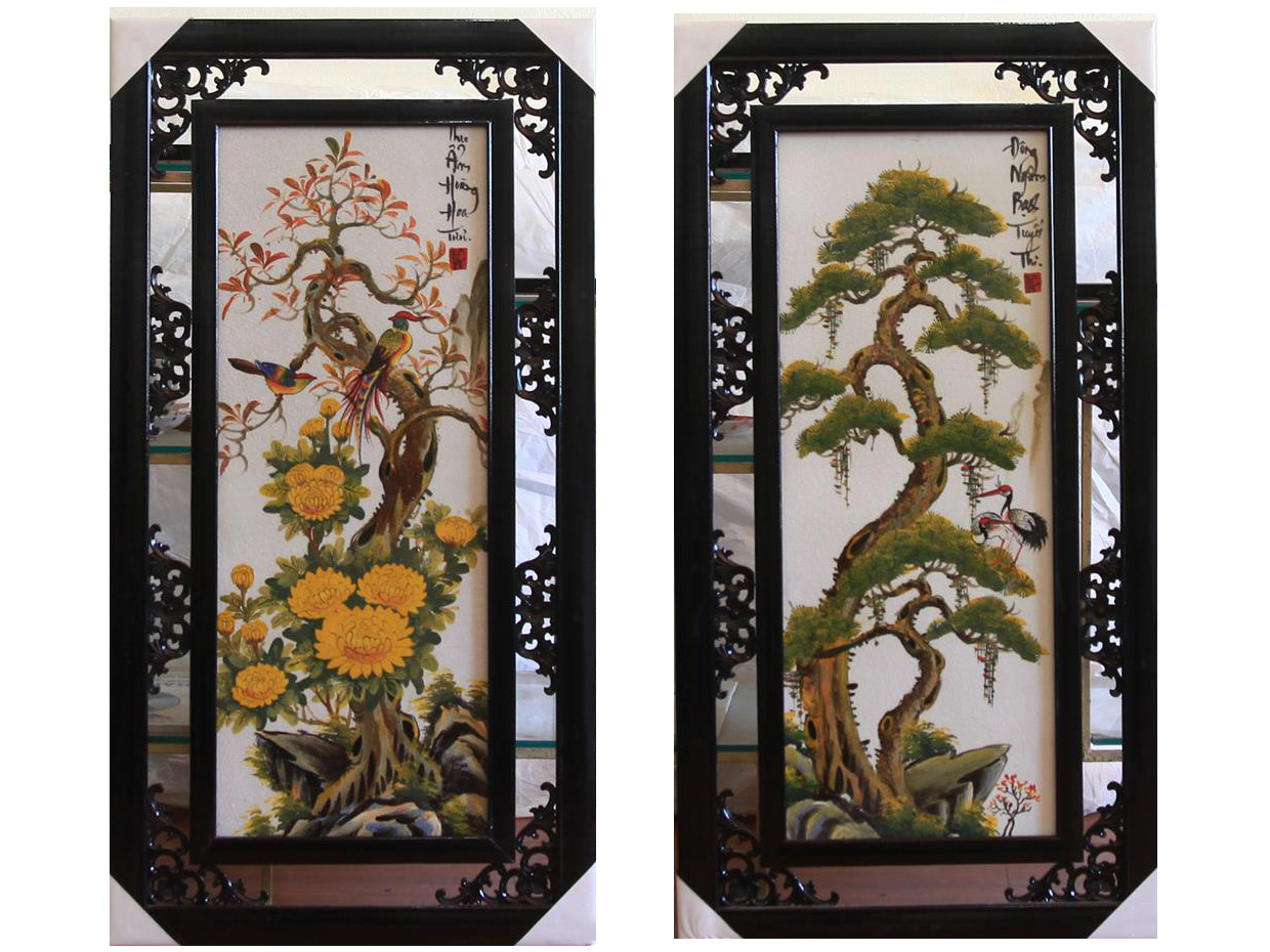 Tranh Tứ Quý vẽ cảnh Tùng Cúc Trúc Đào 100x50cm 3