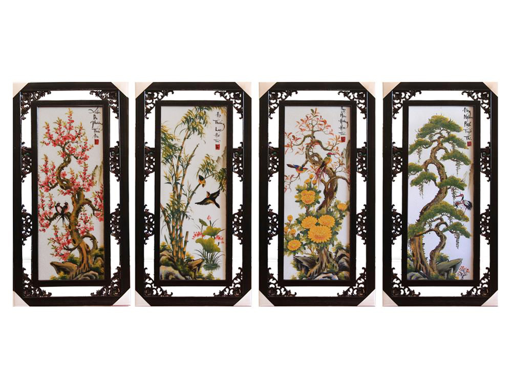 Tranh Tứ Quý vẽ cảnh Tùng Cúc Trúc Đào 100x50cm 1