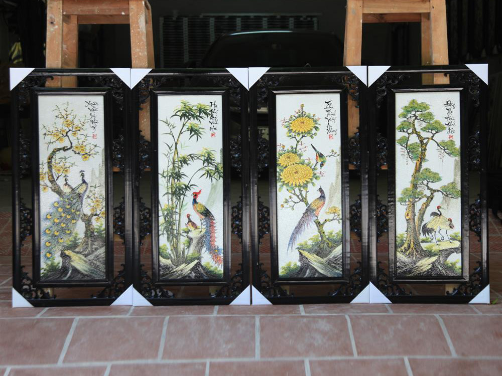 Tranh tứ quý Tùng Cúc Trúc Mai S3 vẽ tay các loài chim quý 87x43cm 4