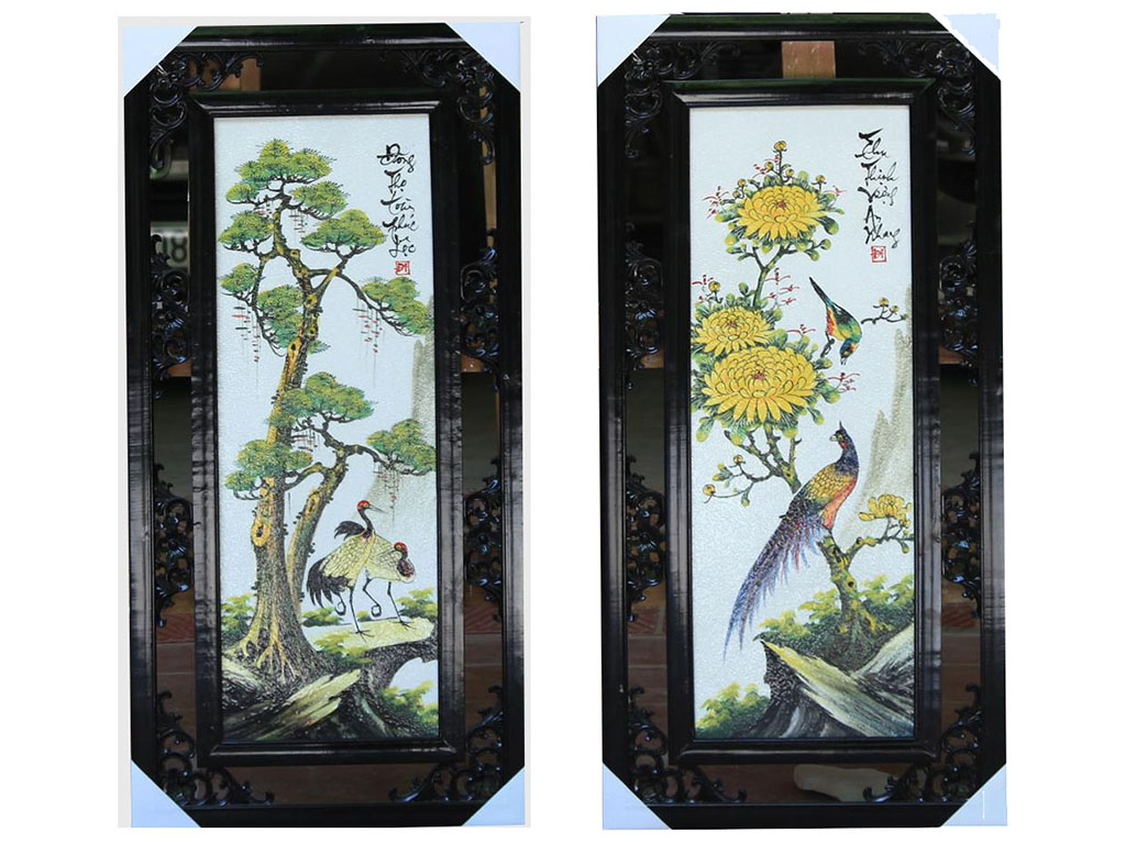 Tranh tứ quý Tùng Cúc Trúc Mai S3 vẽ tay các loài chim quý 87x43cm 2