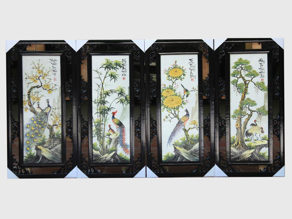 Tranh tứ quý Tùng Cúc Trúc Mai S3 vẽ tay các loài chim quý 87x43cm 1