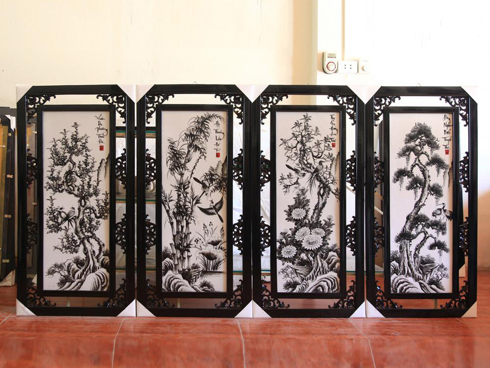 Tranh Tứ quý men đen trắng 50x100cm 2
