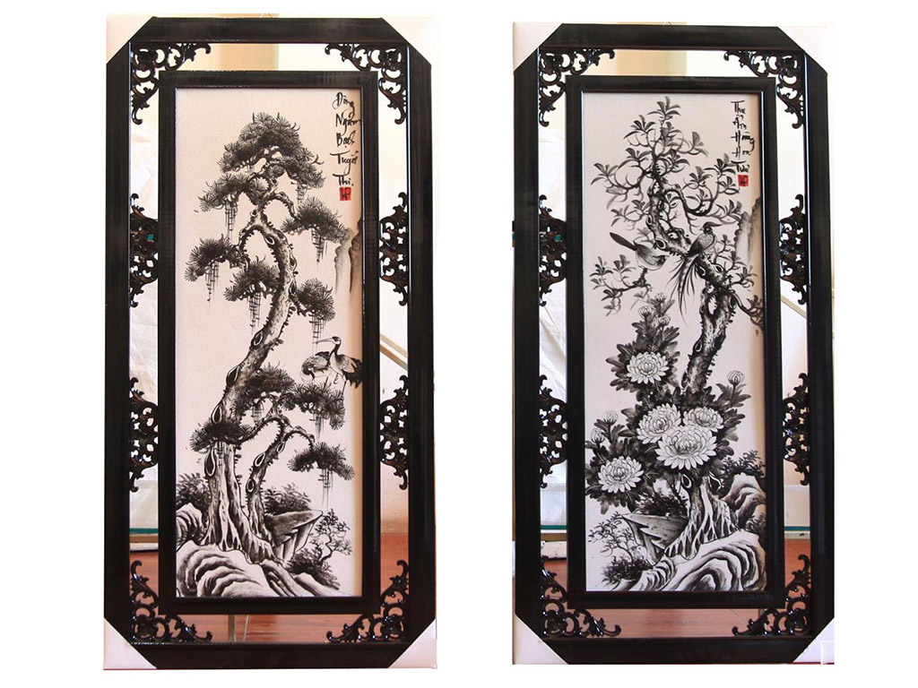 Tranh Tứ quý men đen trắng 50x100cm 3
