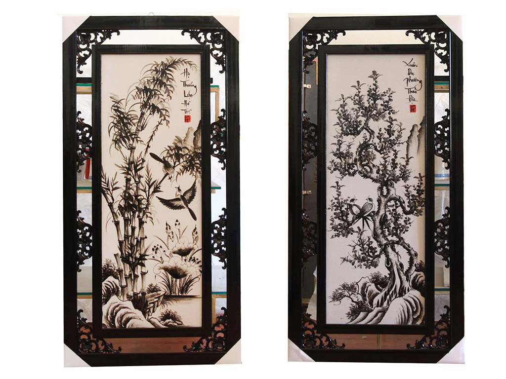 Tranh Tứ quý men đen trắng 50x100cm 4
