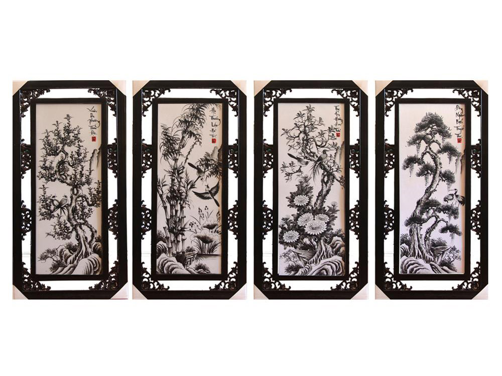 Tranh Tứ quý men đen trắng 50x100cm 1