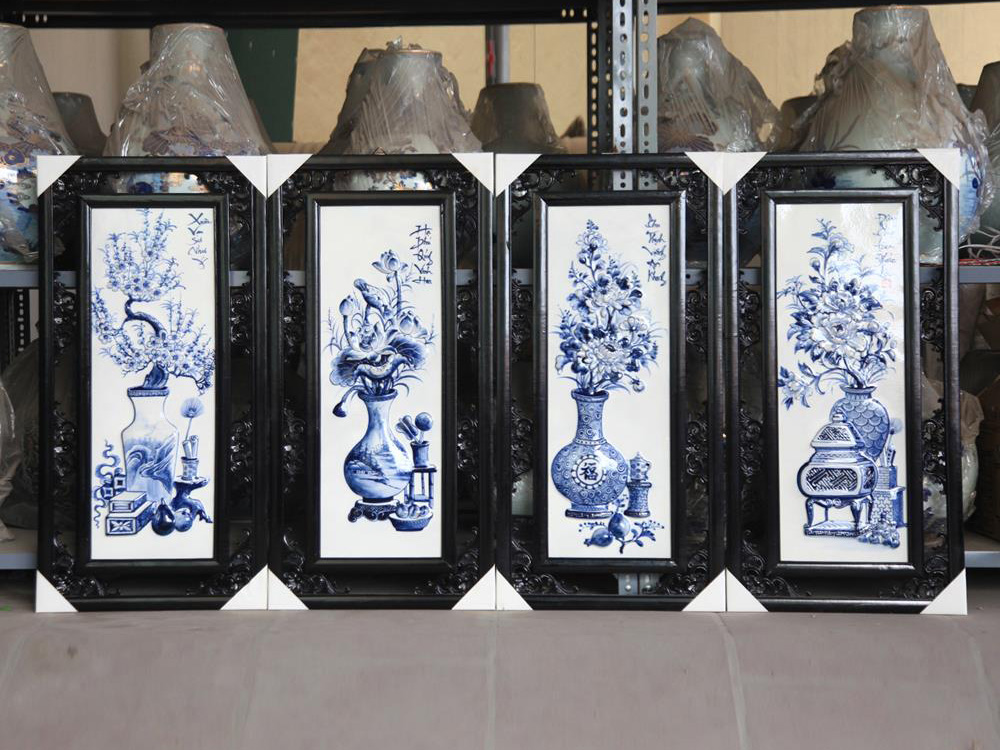 Tranh tứ quý vẽ cổ đồ đắp nổi men lam 50x100cm 2