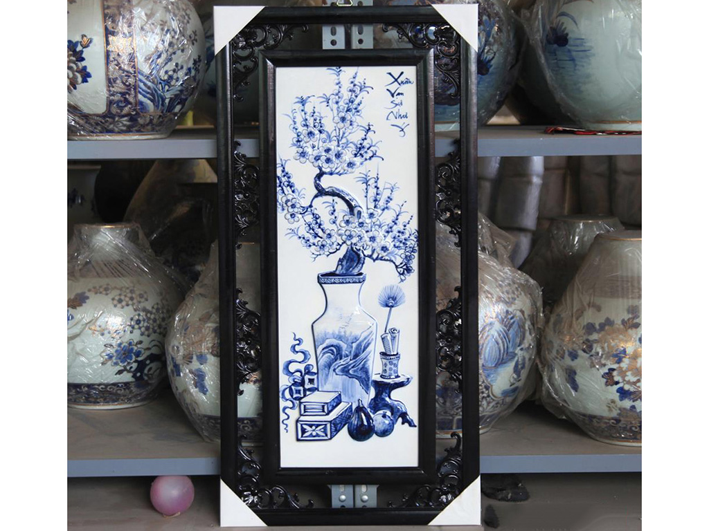 Tranh tứ quý vẽ cổ đồ đắp nổi men lam 50x100cm 3