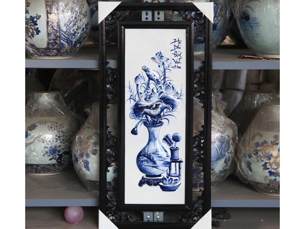 Tranh tứ quý vẽ cổ đồ đắp nổi men lam 50x100cm 4