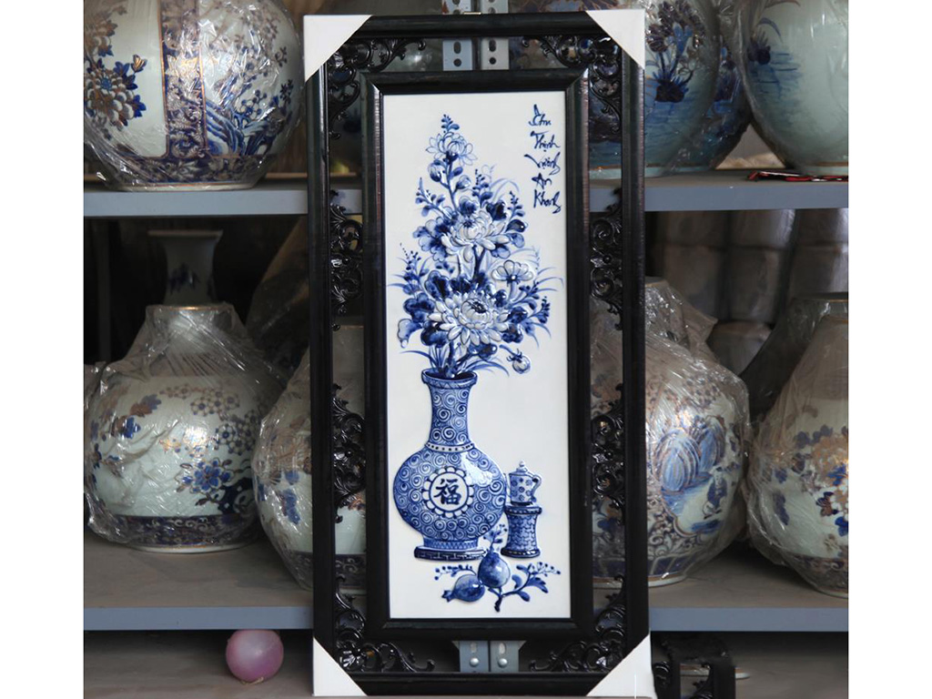 Tranh tứ quý vẽ cổ đồ đắp nổi men lam 50x100cm 5