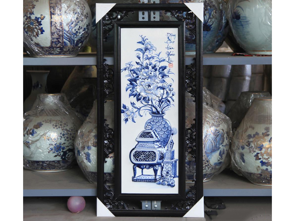 Tranh tứ quý vẽ cổ đồ đắp nổi men lam 50x100cm 6