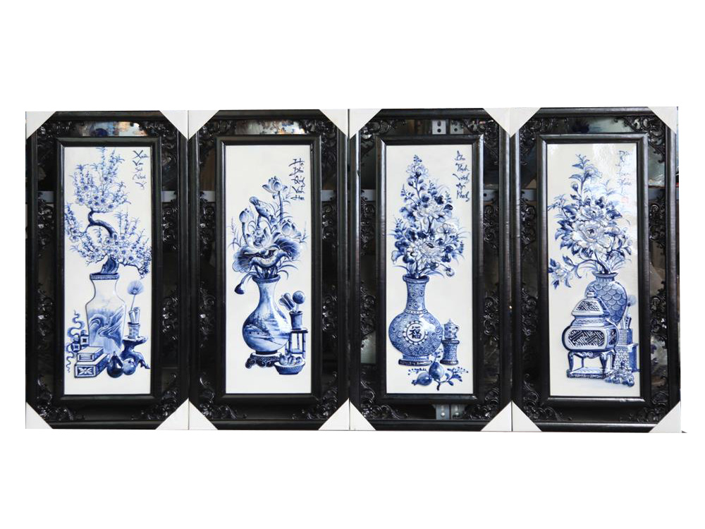 Tranh tứ quý vẽ cổ đồ đắp nổi men lam 50x100cm 1