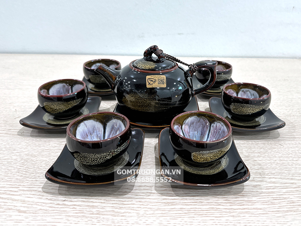 Bộ ấm chén men hỏa biến mật ong dáng quả hồng 1