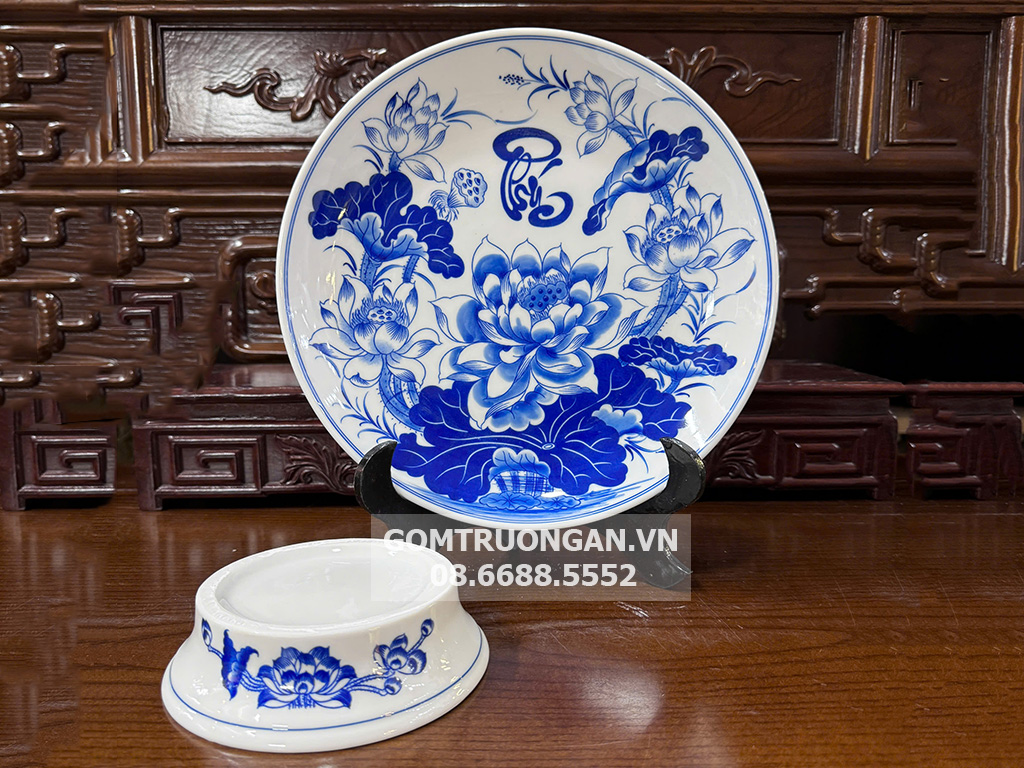 Mâm bồng men lam Vạn Phúc Trường An 35cm 2