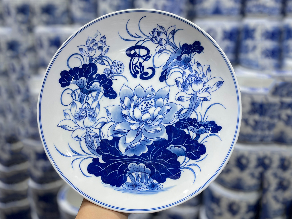 M&acirc;m bồng men lam Vạn Ph&uacute;c Trường An 35cm