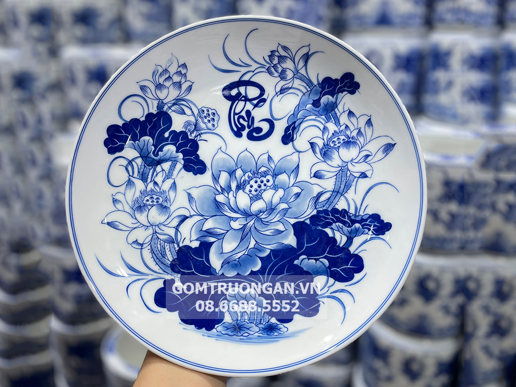 Mâm bồng men lam Vạn Phúc Trường An 27cm 1