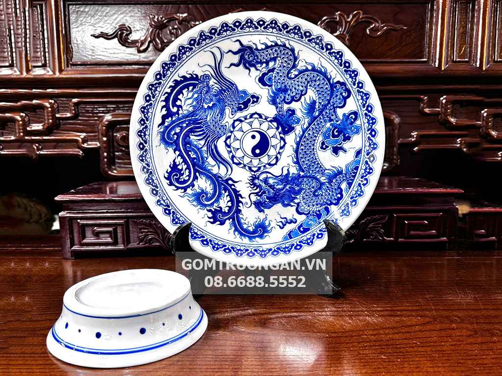 Mâm bồng men lam Long Phụng Rồng Phượng 27cm 2