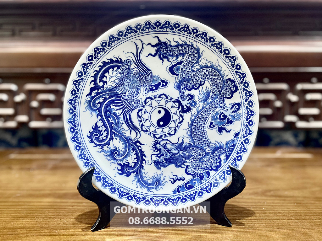 Mâm bồng men lam Long Phụng Rồng Phượng 20cm 1