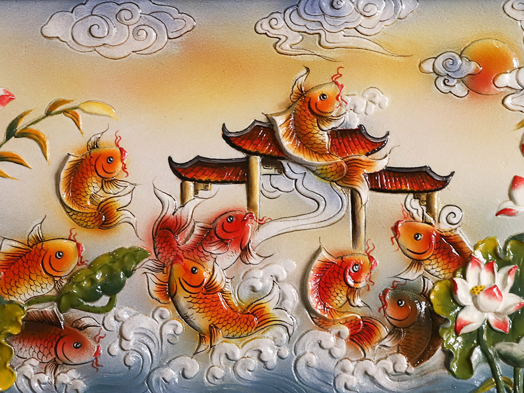 Tranh sứ cửu ngư quần hội 64cm x 98cm 2