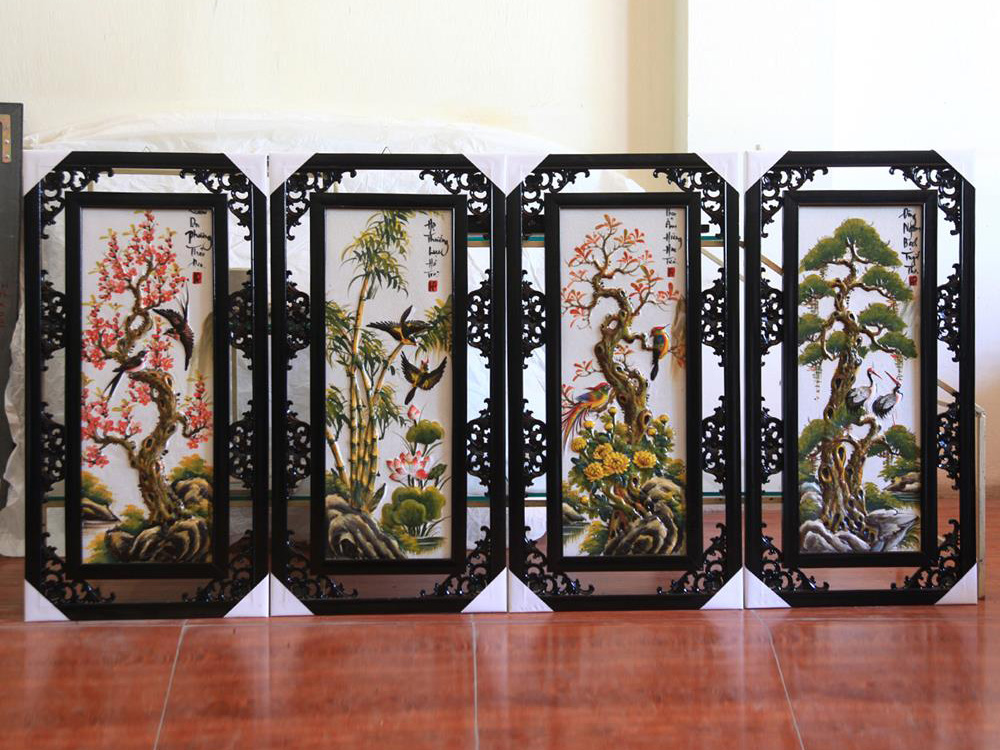 Bộ Tranh tứ quý đắp nổi cảnh Đào Trúc Cúc Tùng đắp nổi 82x42cm 2