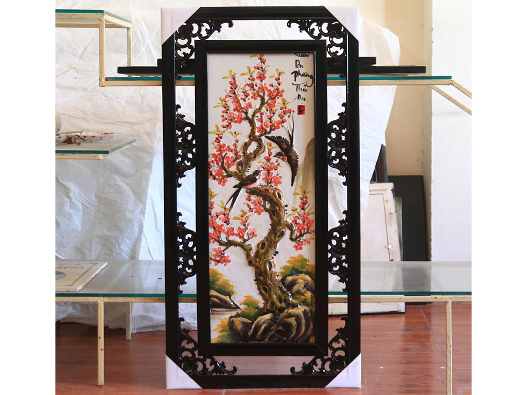 Bộ Tranh tứ quý đắp nổi cảnh Đào Trúc Cúc Tùng đắp nổi 82x42cm 3